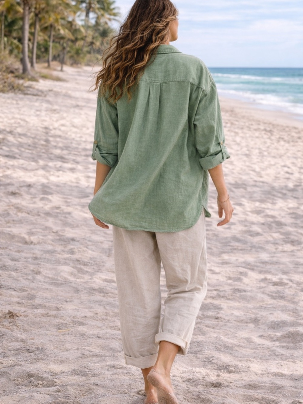 Free People We The Free Made For Sun Linen Shirt L Green Oversized Coastal A7 - Picture 2 of 10